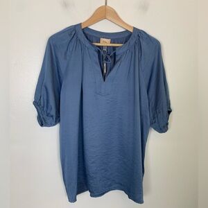 Elie Tahari Satin Short Sleeves Tie Front Top Size M Color Blue Puff Sleeves